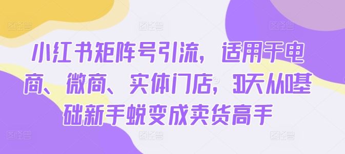 小红书矩阵号引流，适用于电商、微商、实体门店，30天从0基础新手蜕变成卖货高手-创客网