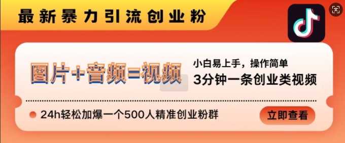 抖音最新暴力引流创业粉，3分钟一条创业类视频，24h轻松加爆一个500人精准创业粉群【揭秘】-创客网