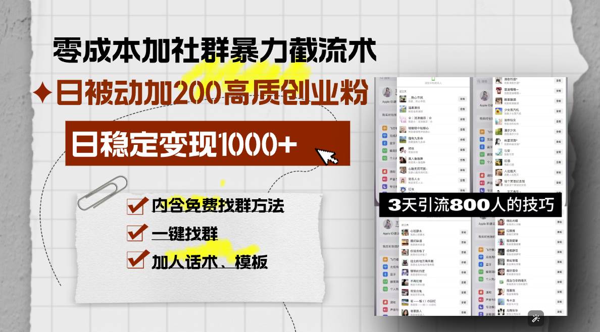 零成本加社群暴力截流术，日被动添加200+高质创业粉 ，日变现1000+，内…-创客网